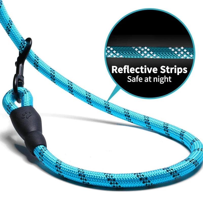 Reflective nylon dog leash with foam handle, adjustable for large, medium, and small dogs, ideal for outdoor walks and pet safety.