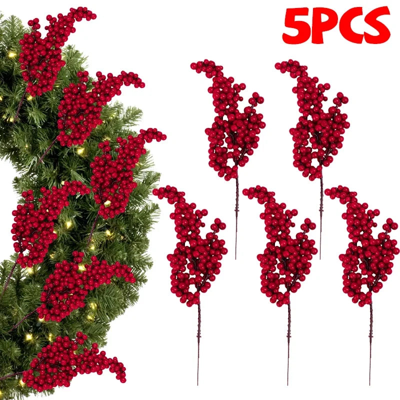 1/60PCS Christmas Red Berries Branch Artificial Holly Berry Stamen Flowers Wreath for Tree Ornaments New Year Party Home Decor