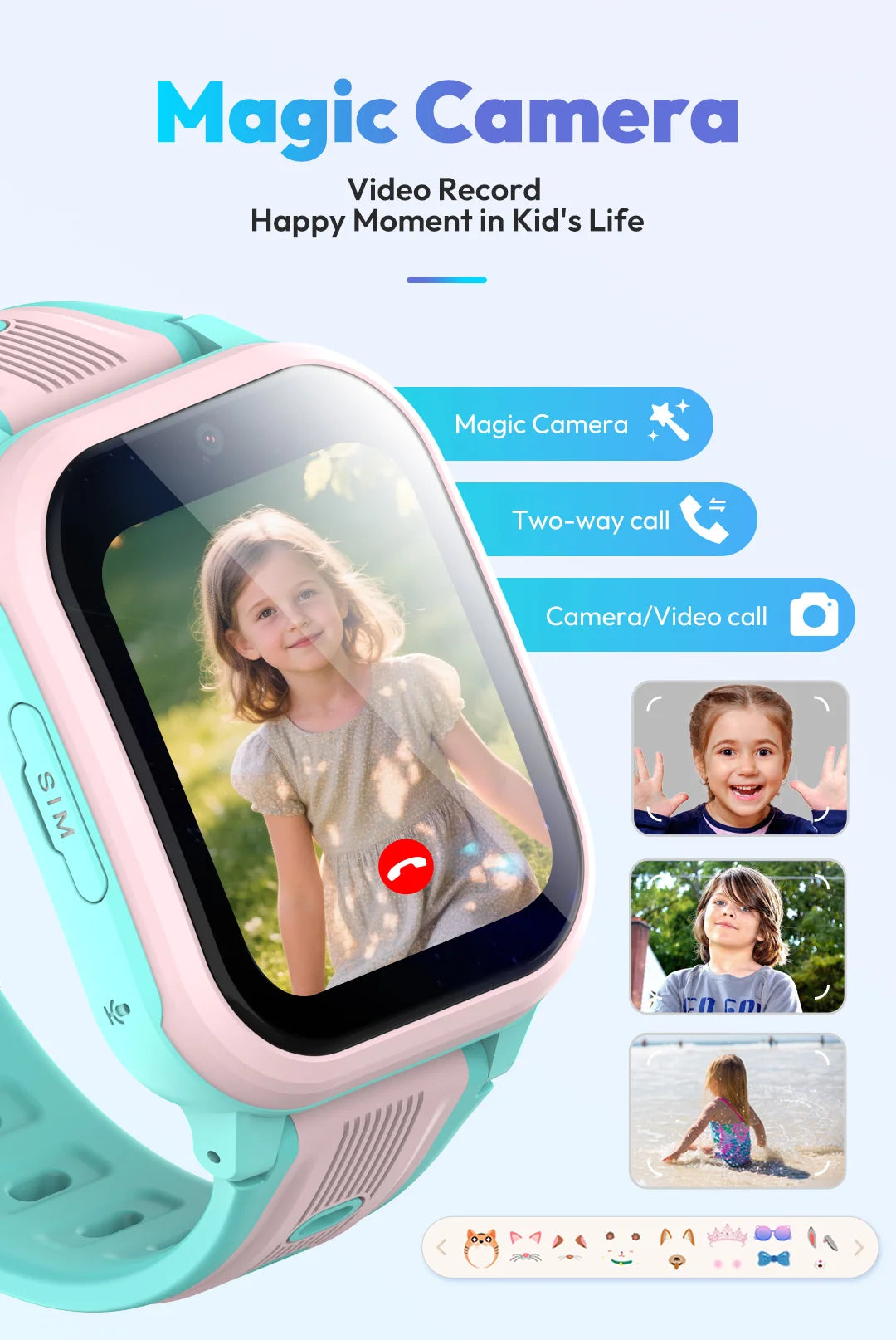 Wonlex KT41 kids 4G smartwatch with dual cameras, GPS, and touchscreen display showing kids using the smartwatch with a video call.