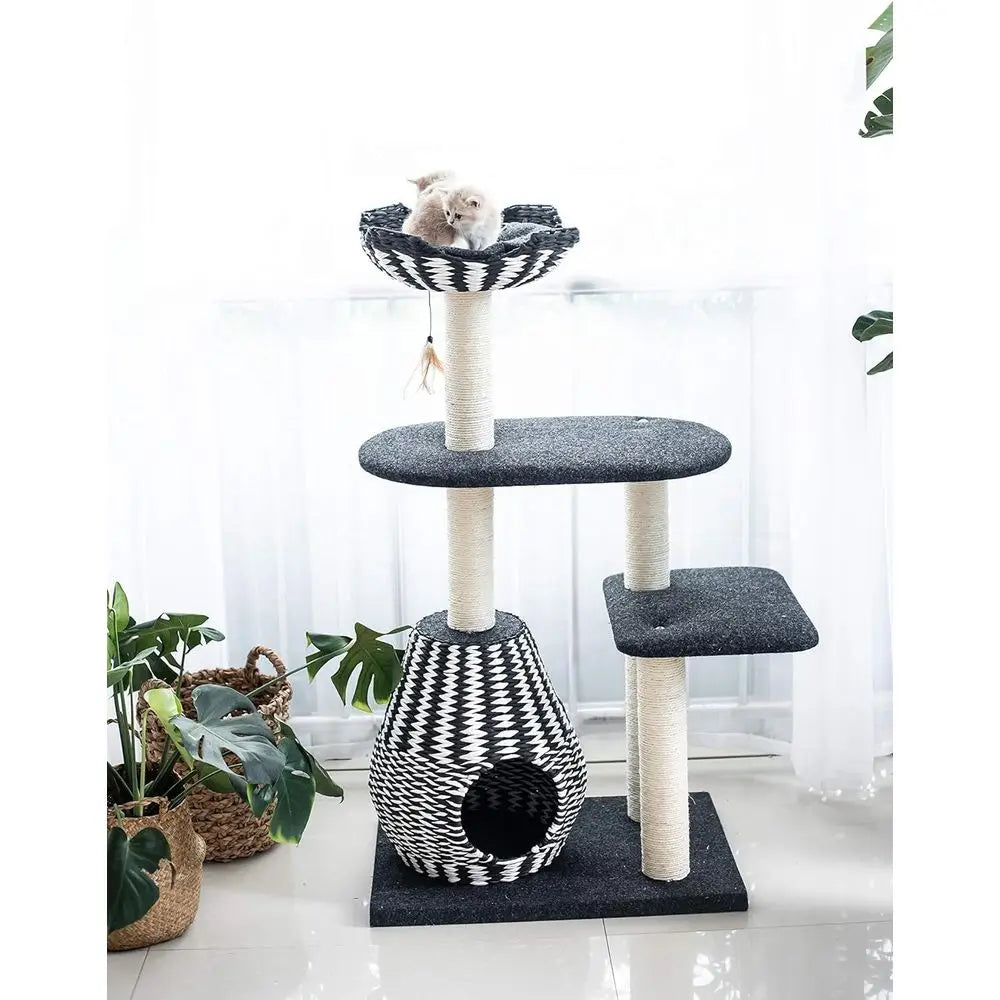 Handwoven cat tree with condo and sisal posts from I YAN, showing a cozy multi-level cat furniture with woven texture and scratching posts.