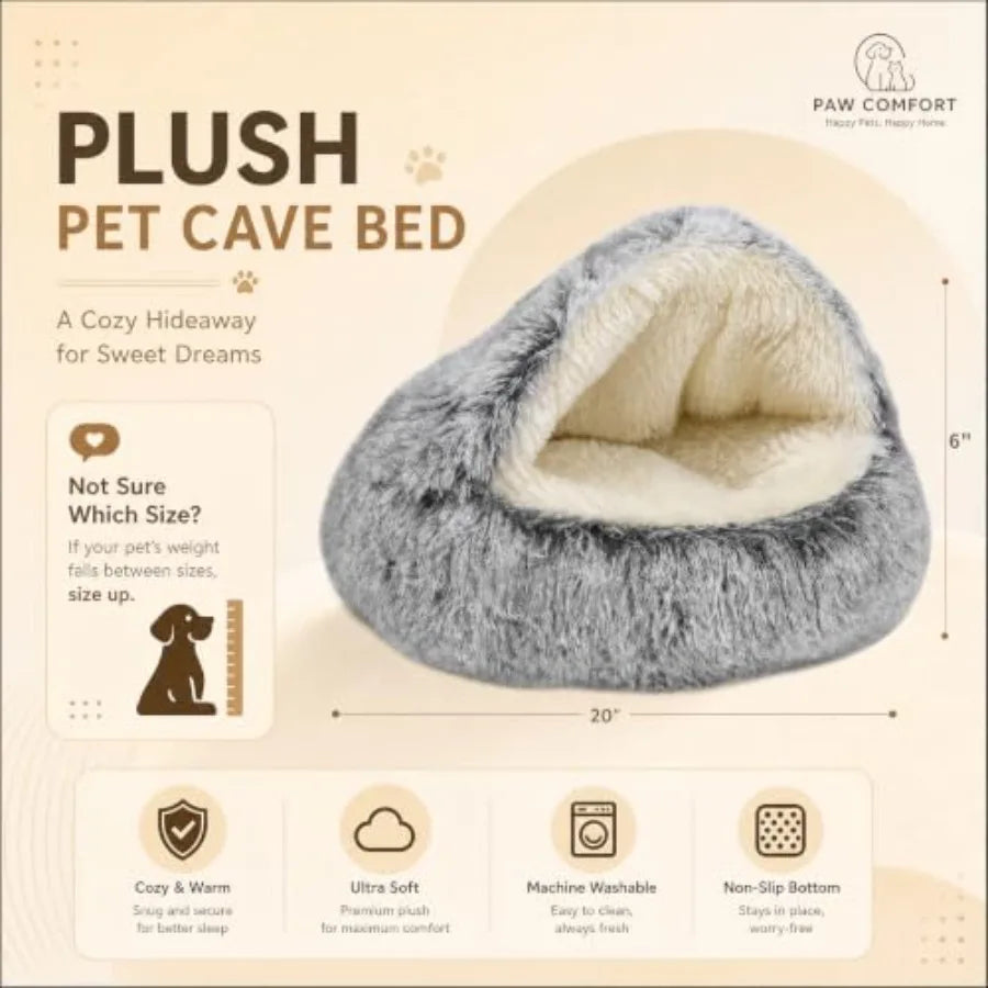 Round plush hooded cat bed by I YAN with a cozy, fluffy doughnut shape, perfect for indoor cats or small dogs.