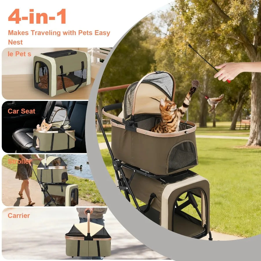 3-in-1Double Pet Stroller, Foldable Portable Pet Travel Strolling Cart for Medium Small Dogs Cats, up to 50lbs Dark Green