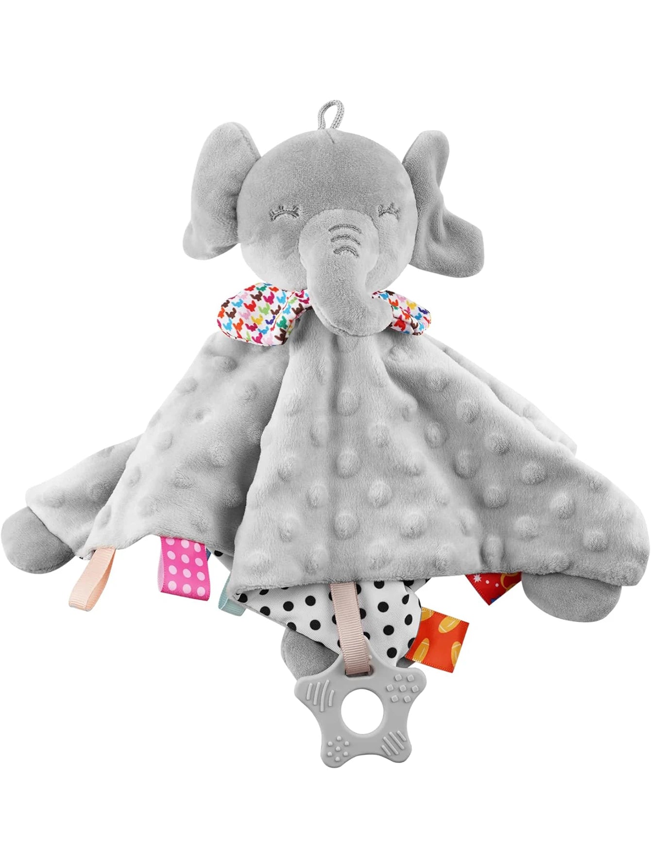 Soft elephant baby comforter blanket with rattle, plush animal toys, and hanging loops, designed to soothe and reassure toddlers.