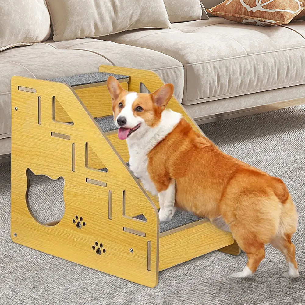 4-Step Wooden Pet Stairs Nonslip Carpeted Indoor Pet Steps Dog Stairs Ramp Wooden Pet Ladder for Dogs and Cats for Bed