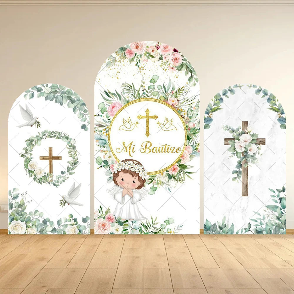 Girl Boy My First Communion Arch Backdrop Cover Flowers God Bless Holy Cross Baby Shower Baptism Party Decor Arched Background