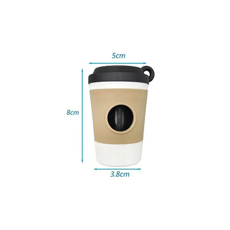 Portable pet poop trash can dispenser with creative coffee cup design, ideal for outdoor dog walking and garbage bag storage.
