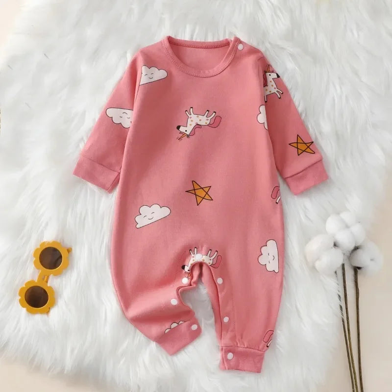 Baby Cotton Romper by I YAN featuring cute cartoon print, long sleeves, soft fabric, perfect for newborns and infants ages 0-18 months.