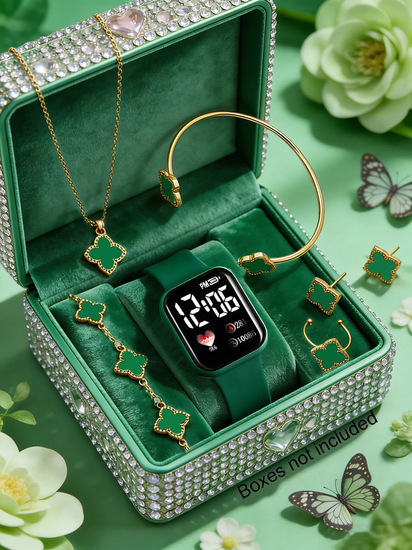 Fashionable Square Electronic Watch Set with Four-leaf Clover Design Versatile Daily Wear Gift for Birthdays