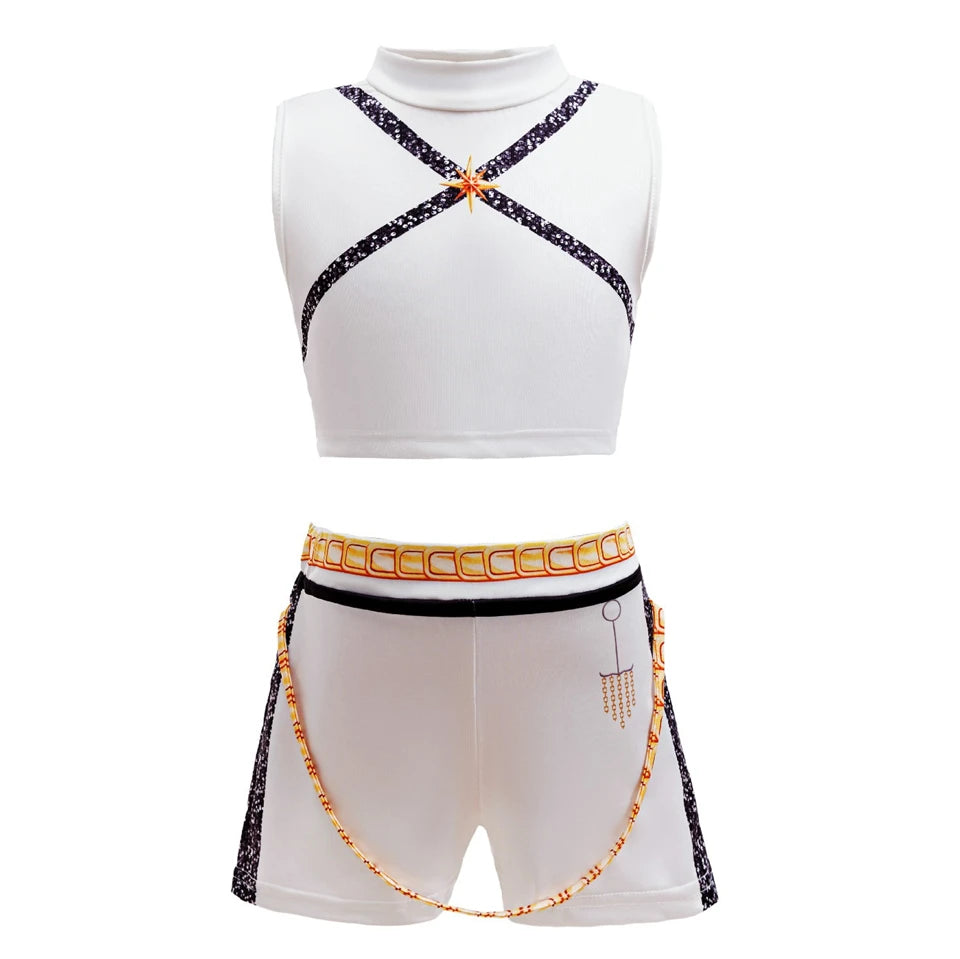 Kids K-Pop girls cosplay costume set featuring Rummi and Zoe character outfits, suitable for children ages 2 to 12.