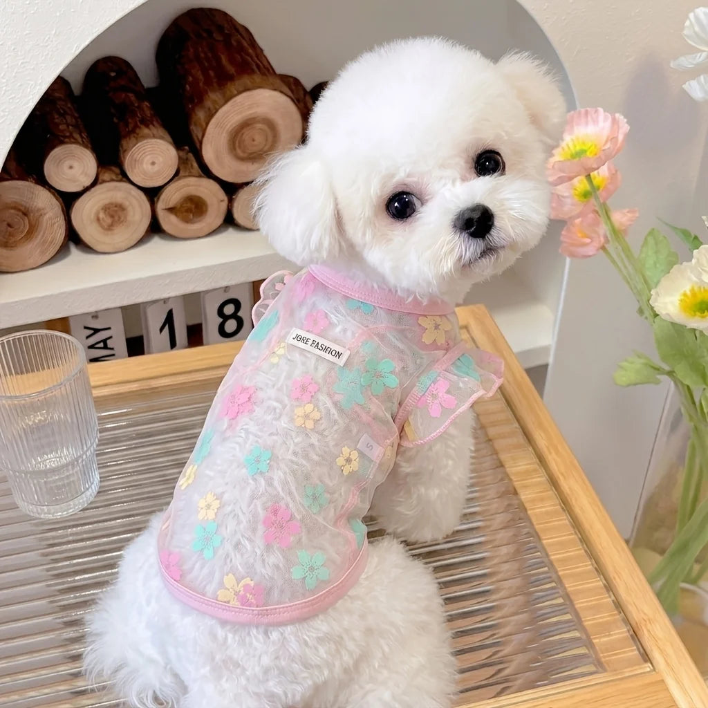 4 Colors Summer Floral Mesh Dog Cat Shirt, Breathable Sheer Pet Vest for Small Dogs Cats, Cute Flower Print Puppy Kitten T-Shirt, Lightweight Sun Protection Pet Clothes for Teddy Chihuahua