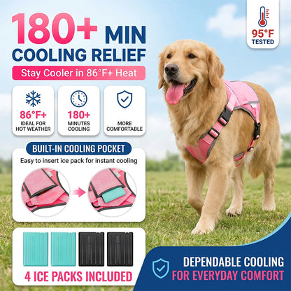 Pink I YAN dog cooling vest harness with four ice packs, designed for large dogs, providing over 180 minutes of cooling comfort.