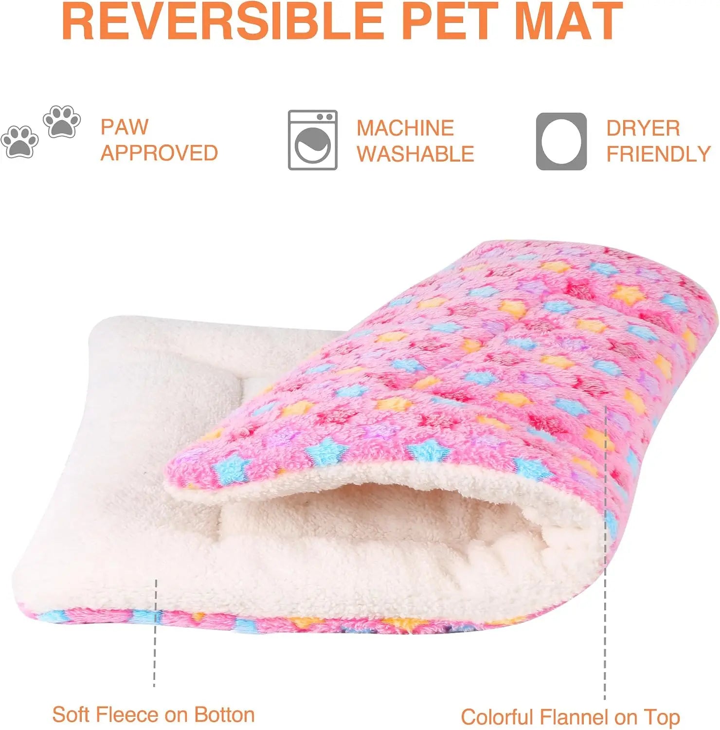 Ultra Soft Pet Bed with Star Print, Washable Crate Mat for Small Dogs & Cats, Reversible Fleece, 14x17.5in Pink