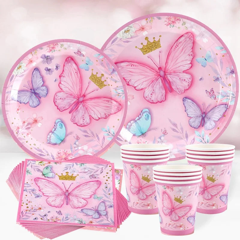 Butterfly Birthday Party Decoration Kids Girls Butterfly Party Disposable Tableware Paper Cup Plate Birthday Baby Shower Party - I YAN