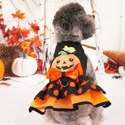 Halloween Pumpkin Dog Dress with Bow – Cute Costume for Small Dogs