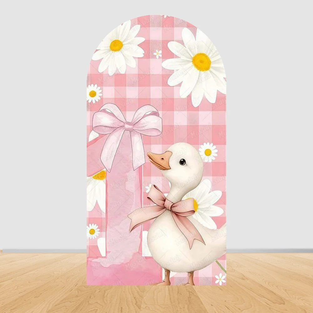 Cartoon Big White Goose Pink Bow Arch Cover Backdrop Children Baby 1st Birthday Party Baby Shower Decor Background Double-Sided