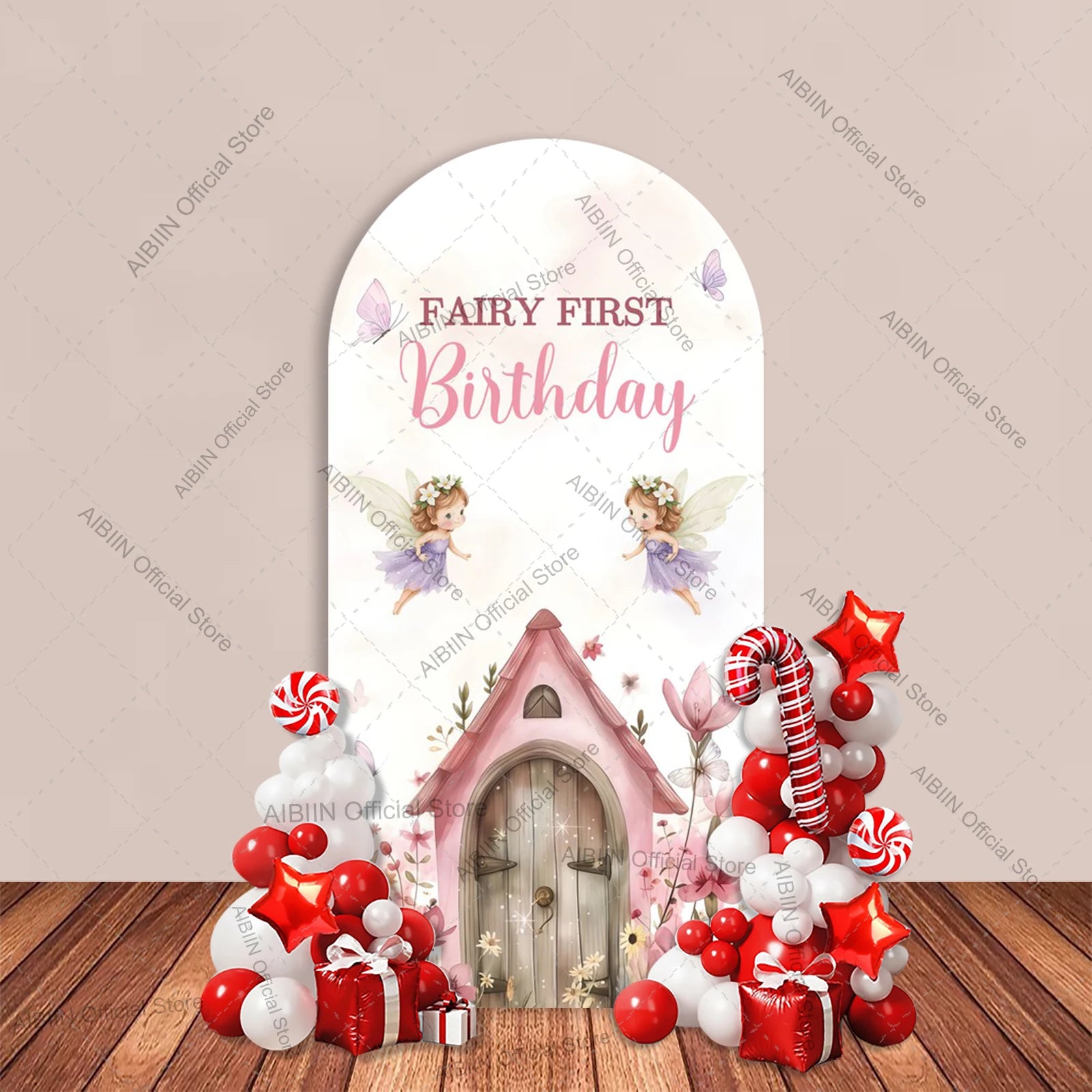 Fairy First Birthday Arch Backdrop Cover Mushroom House Door Butterfly Fairy Pink Floral Kids Cake Party Decor Background