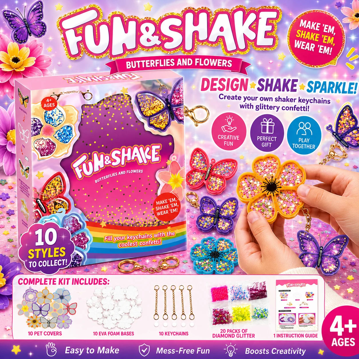 DIY arts and crafts kit by I YAN featuring glitter butterfly and flower keychains, sequins, charms, and diamond painting stickers for kids.