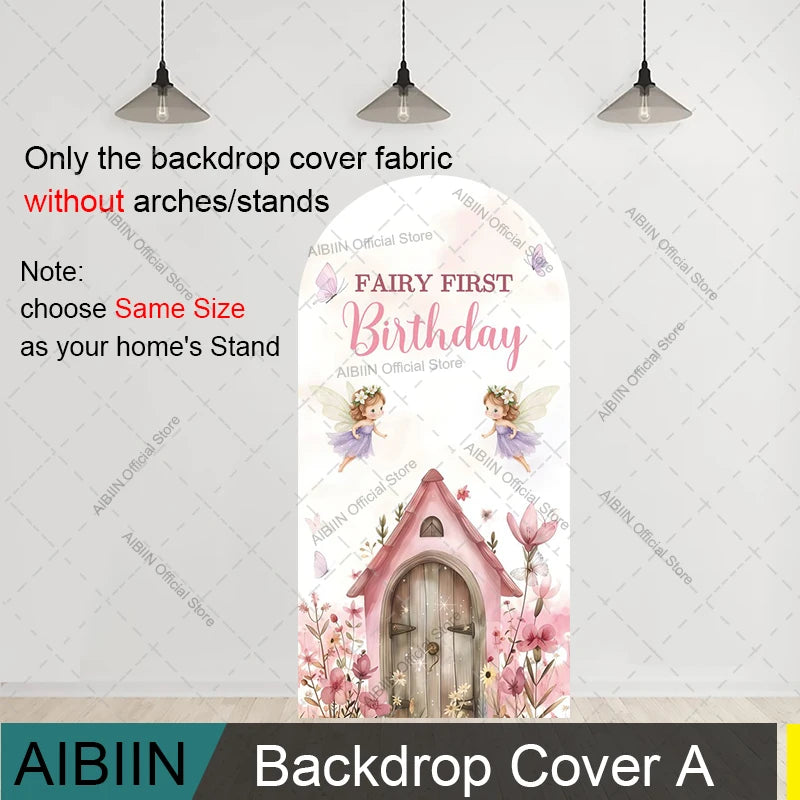 Fairy First Birthday Arch Backdrop Cover Mushroom House Door Butterfly Fairy Pink Floral Kids Cake Party Decor Background