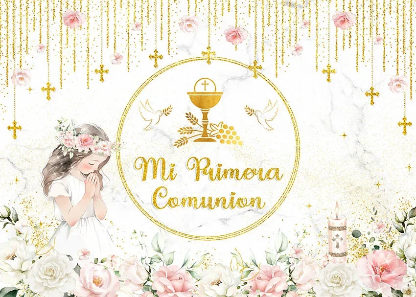 First Holy Communion Backdrop Gold Dots Flowers Gold Cross Boy or Girl My Baptism Party Decor Kids God Bless Photo Background