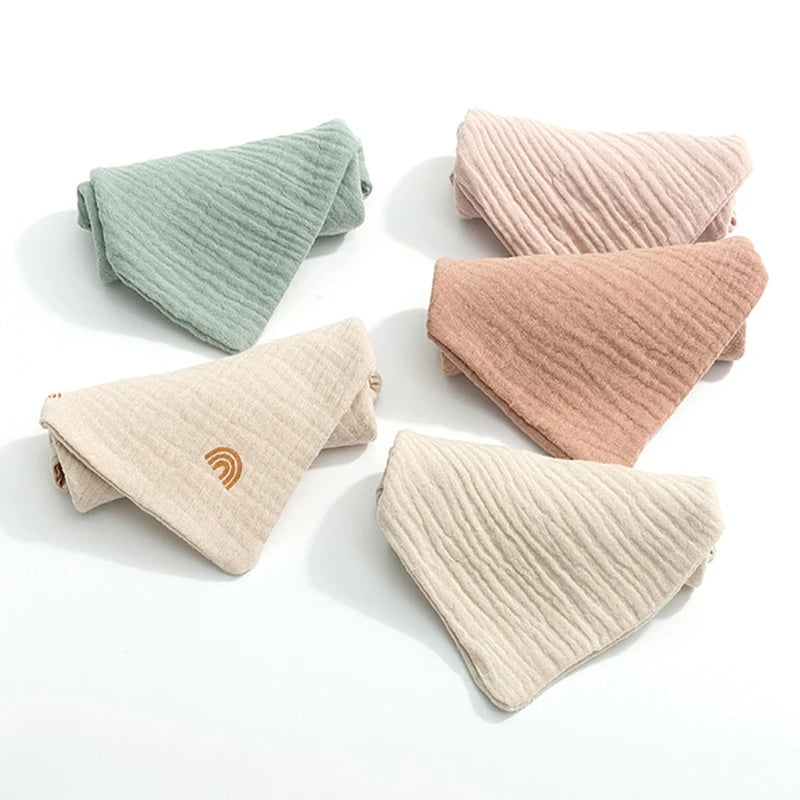 Set of 5 I YAN square cotton baby face towels and burp cloths with soft, absorbent gauze for feeding and cleaning babies.