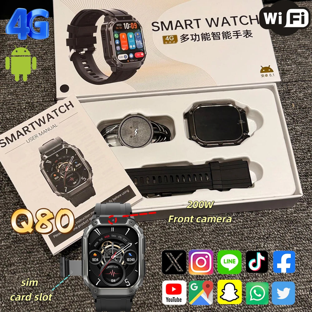 Smart Watch Android 4G SIM Card 1.96inch HD Screen with GPS WIFI Front Camera Video Call Sport Ourdoor for Men Women Kids