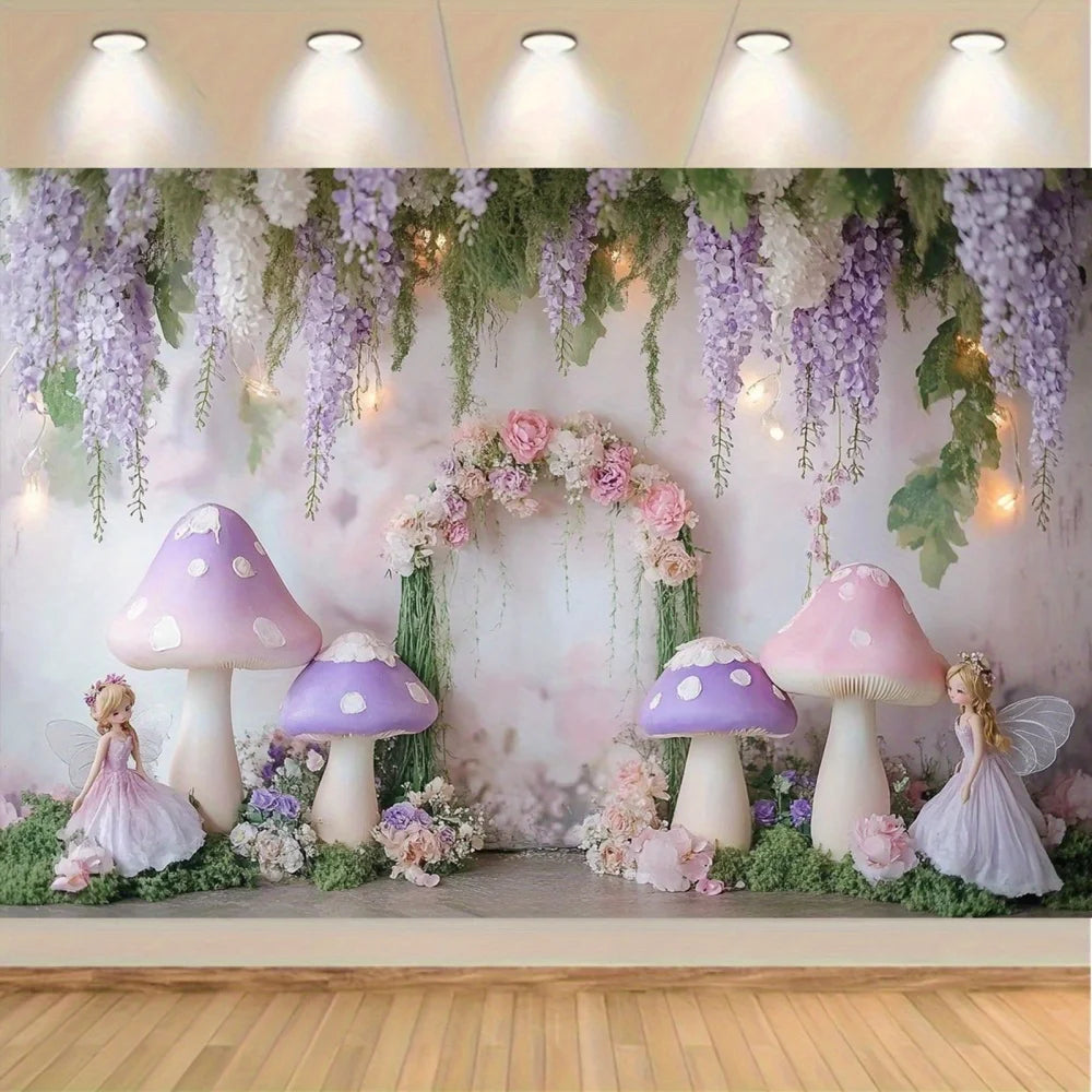 1 fantasy fairy photography background with purple mushrooms, charming forest atmosphere, and whimsical party decorationsL