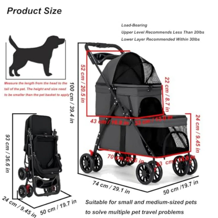 I YAN dog stroller for medium small dogs and cats, lightweight with 360° wheels, one-hand fold, supports up to 50lbs.