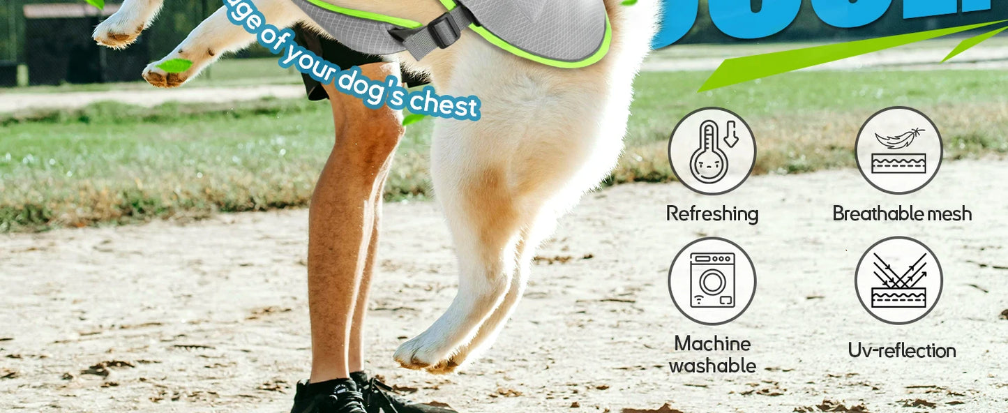 I YAN dog cooling vest with gel ice packs, adjustable for small to large dogs, featuring evaporative and ice pack cooling.