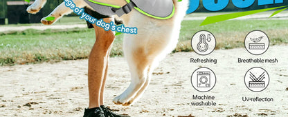 I YAN dog cooling vest with gel ice packs, adjustable for small to large dogs, featuring evaporative and ice pack cooling.