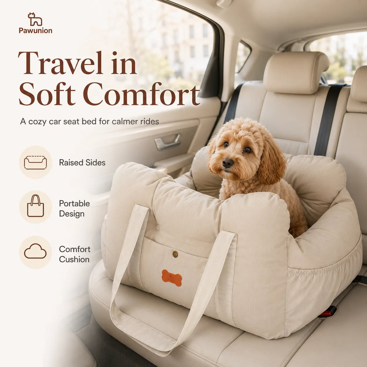 Portable I YAN dog car seat for small to medium dogs with plush interior, safety tether, storage pocket, and cozy travel design.