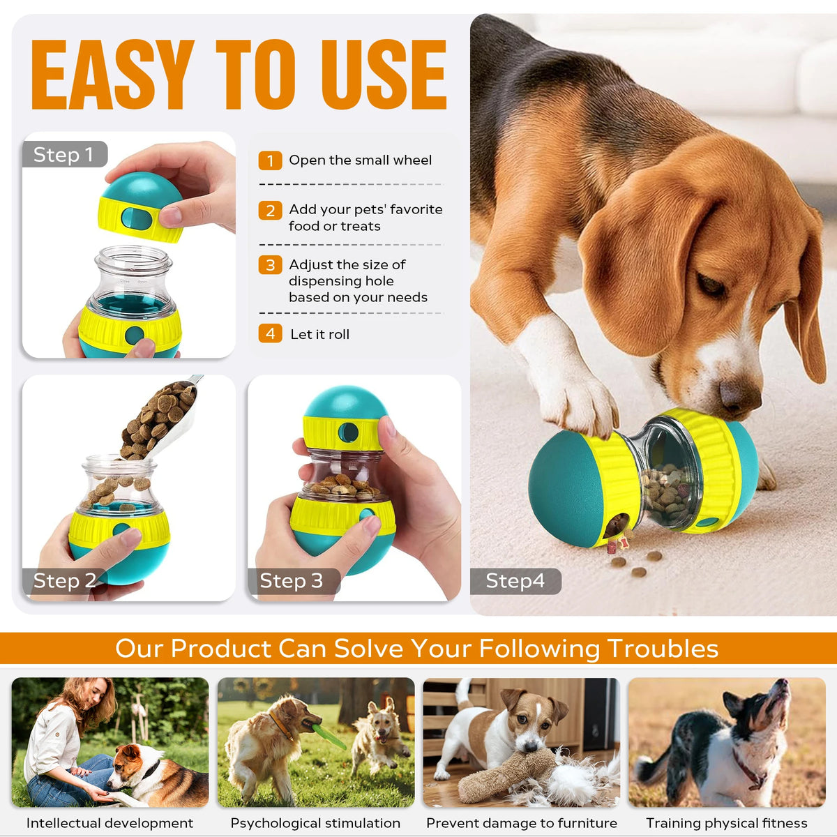 Interactive I YAN dog and cat treat dispenser ball for small to large pets, slow feeder toy with leaking food functionality.