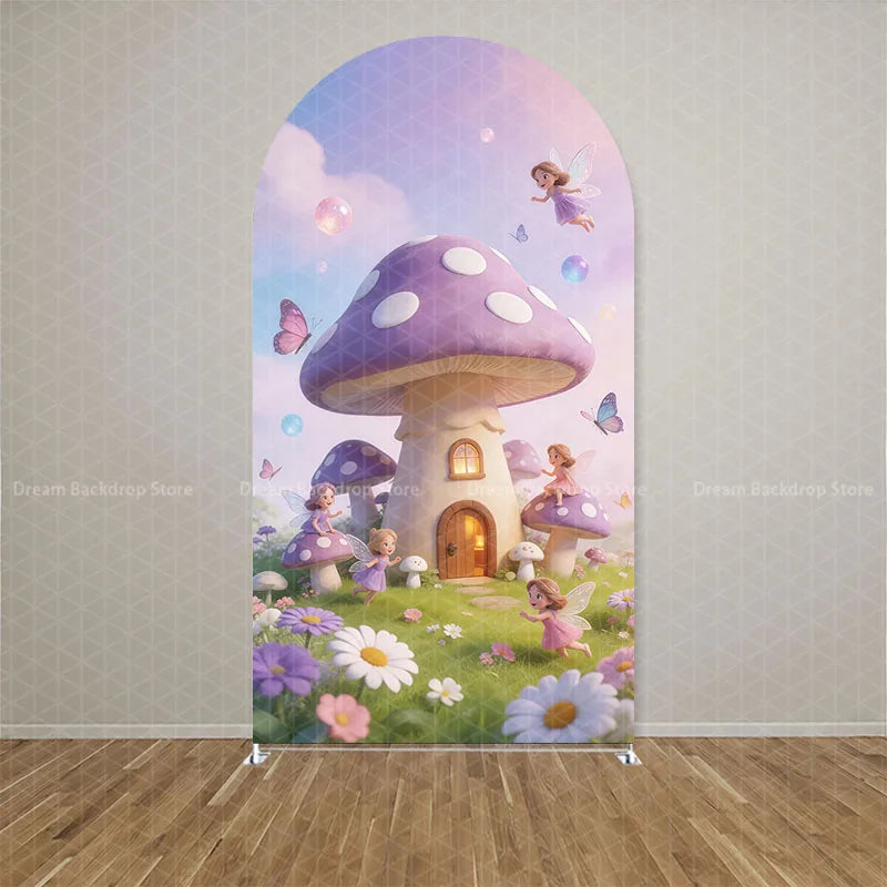 Custom Double-sided Wonderland Fairy Mushroom Butterfly Arch Backdrop Cover Girls Birthday Party Baby Shower Decor Background