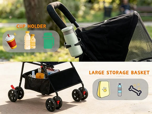 Lightweight Pet Stroller for Small Dogs Foldable 4 Wheel Dog Cat Stroller Portable Travel Pet Pram with Storage Basket