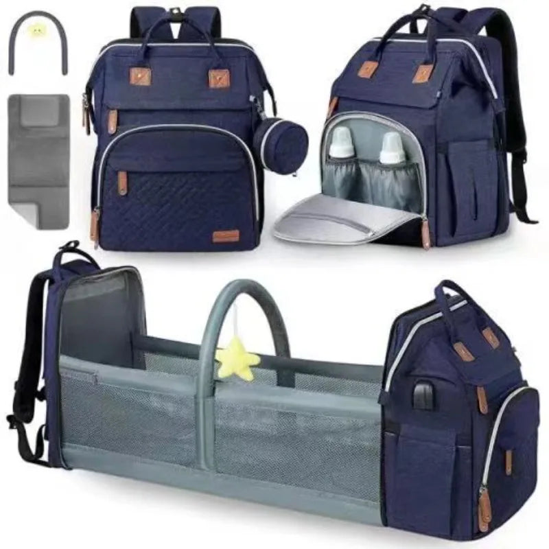 5In1 Diaper Bag Backpack Foldable Baby Bed Waterproof Bag with USB Charge Nappy Stroller Bag with Changing Bed 3Types for Travel