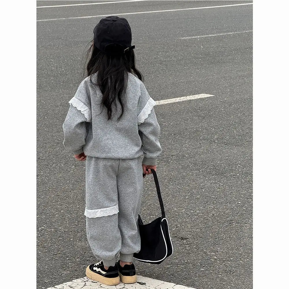 Girl Clothes Sets Autumn Kid HELLO KITTY Sweatshirts Pullover Lace Trim Top & Pants 2pcs Suit Children Sweet Tracksuits Outfits