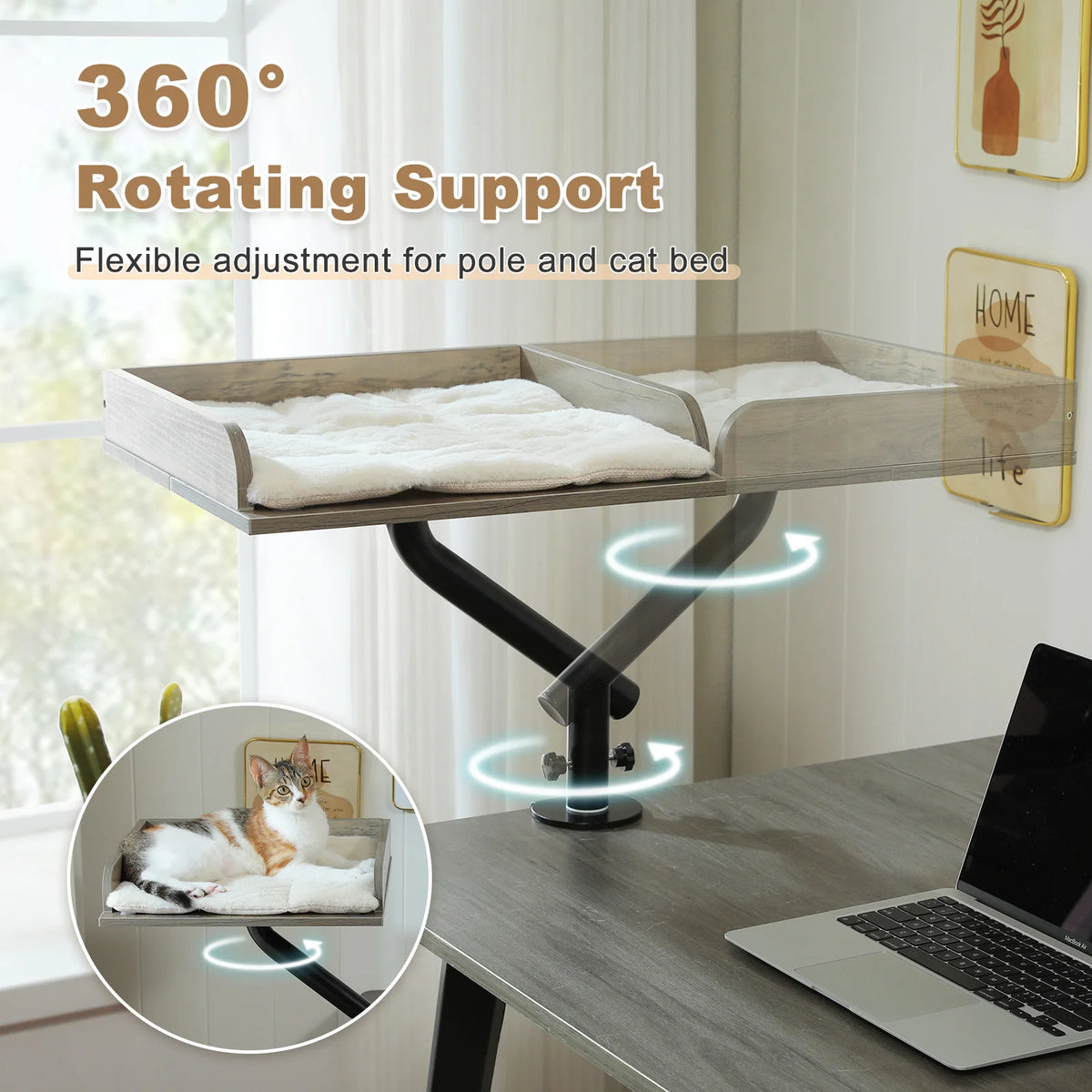 Soft I YAN cat desk bed with 360° rotatable stand, adjustable hammock for indoor cats, perfect for table or desk lounging.