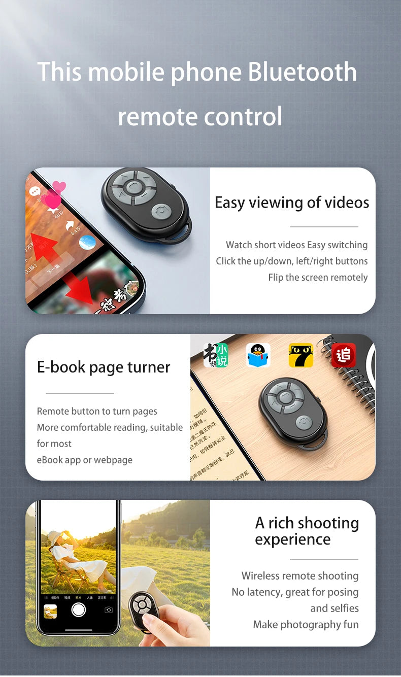I YAN Bluetooth remote control for iPhone, Xiaomi, Android phones, and selfie sticks, used for camera shutter and remote selfies.