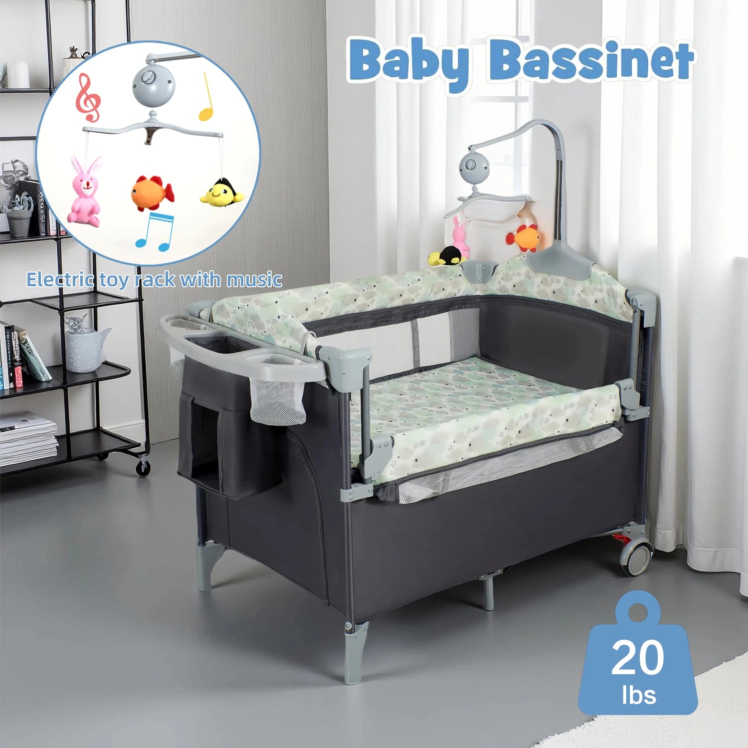 I YAN Pack n Play with bassinet, changing table, lockable wheels, and music box for infants and toddlers, foldable for easy storage.
