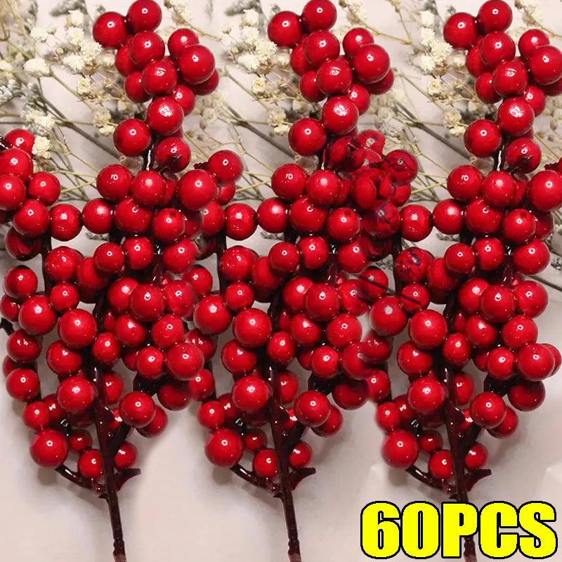 1/60PCS Christmas Red Berries Branch Artificial Holly Berry Stamen Flowers Wreath for Tree Ornaments New Year Party Home Decor