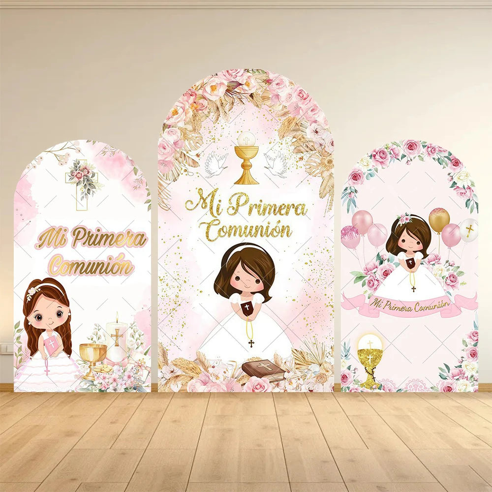 Mi Primera Comunión Arch Backdrop Boys Girls Baptism Flower God Bless Holy Cross Dove Baby Shower Christening Party Background