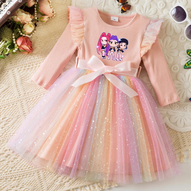 K-Pop Hunters Rainbow Princess Dress for Girls Sequin Birthday Party Mesh Dress for Baby Casual Long Sleeve Girls Dresses 1-5Y