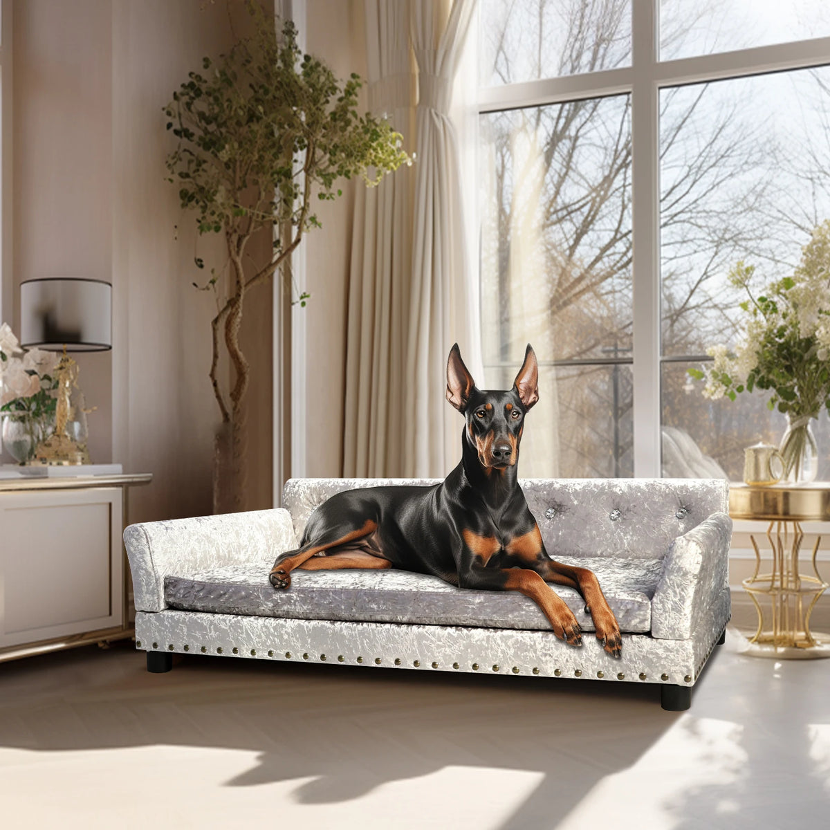Extra large I YAN dog sofa couch bed with elevated design, removable sponge cushion, suitable for medium to large dogs.