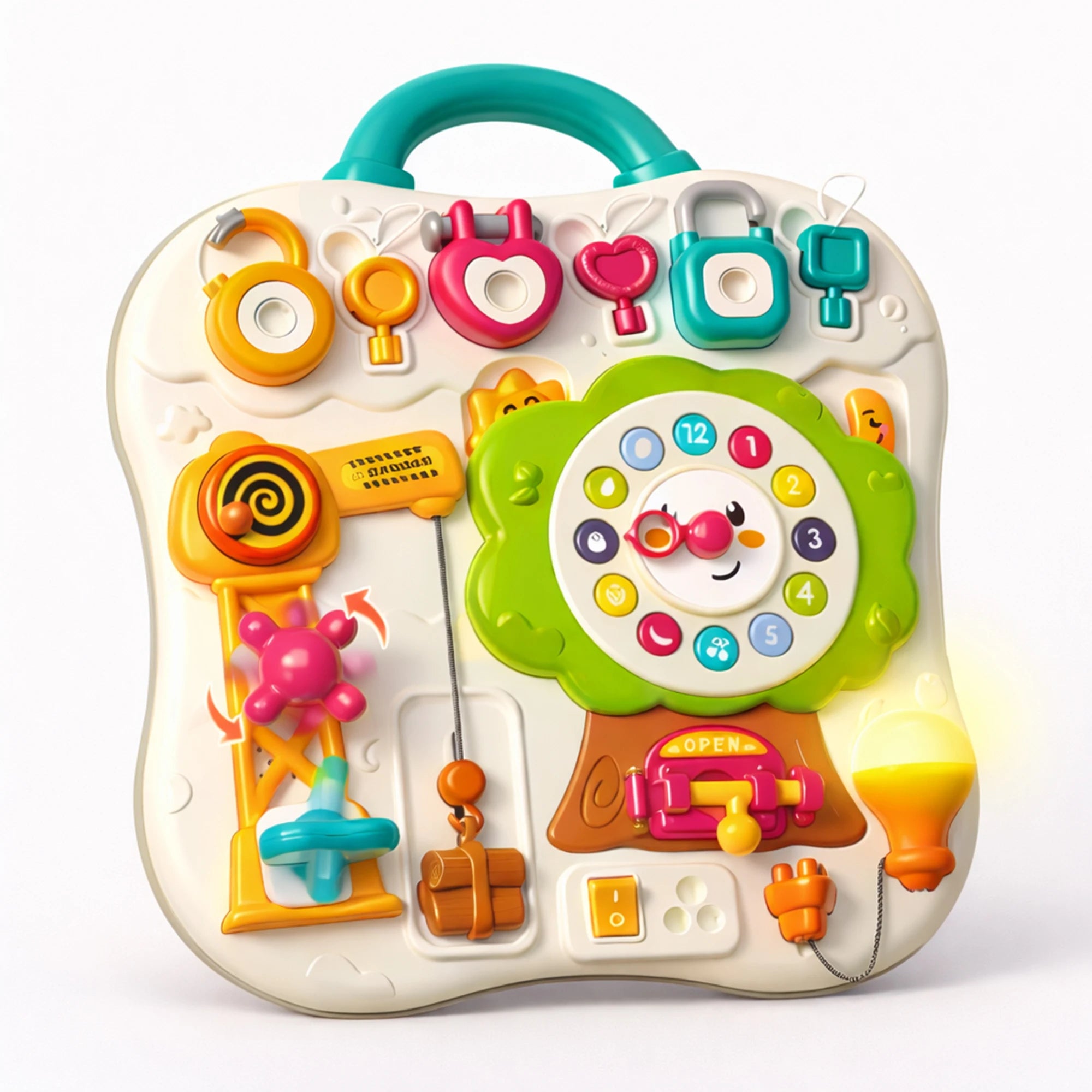 I YAN Montessori busy board for toddlers features sensory activities, music, LED lights, and travel-friendly design for ages 2 and up.