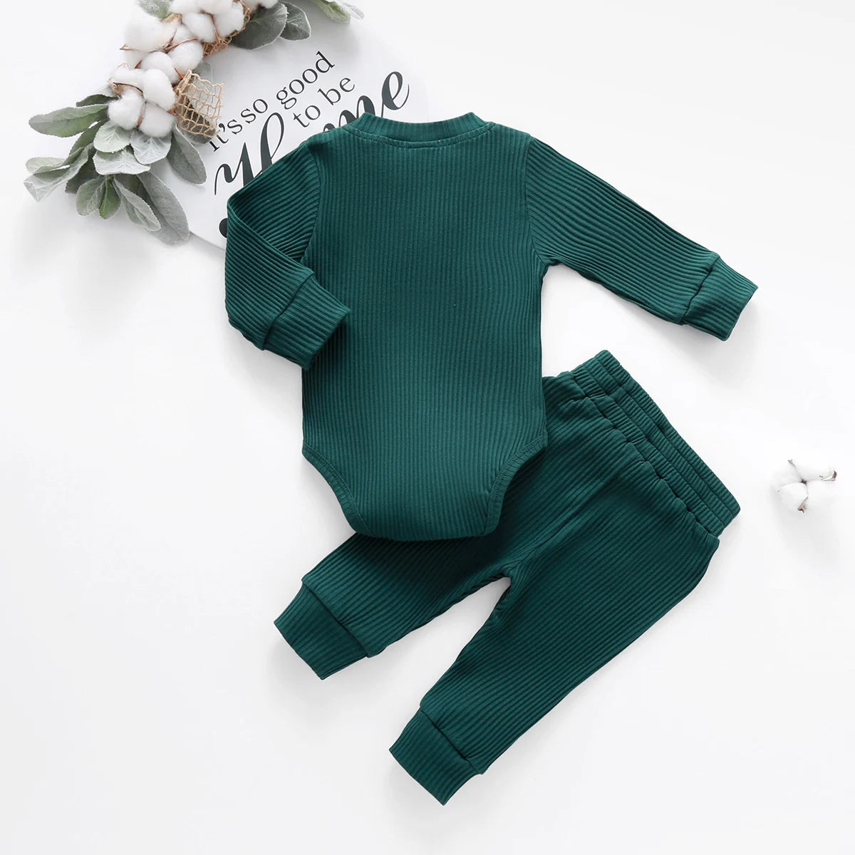 Infant baby girl and boy spring autumn ribbed and plaid solid long sleeve bodysuits with elastic pants, 2-piece outfit by I YAN