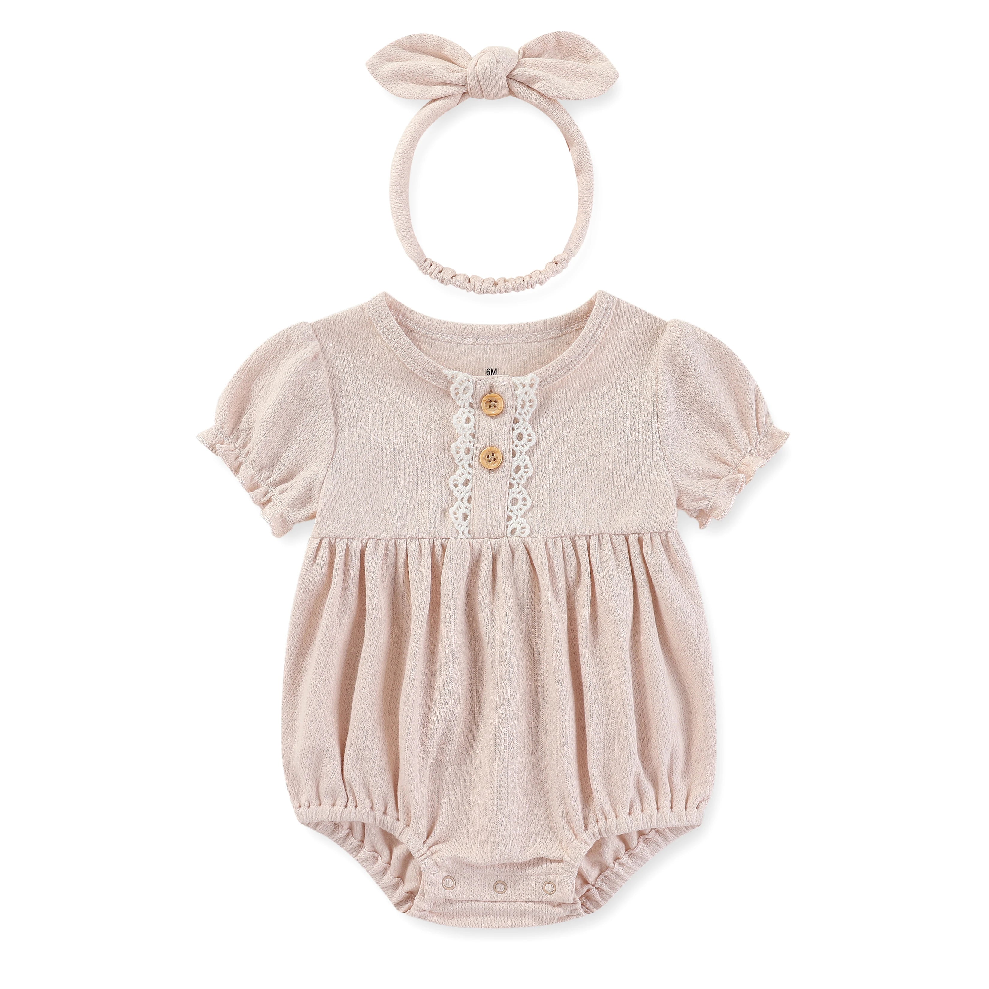Baby Girl Clothes Sets Cotton Bodysuit +Headband Short Sleeve Newborn Baby Girl Jumpsuit Summer Solid Color 6-24Months Bebes