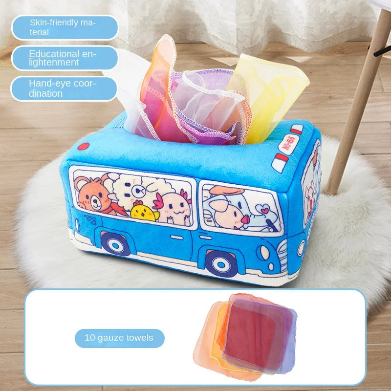 Baby Montessori Magic Tissue Box by I YAN, sensory learning toy for fine motor skills with colorful tissue compartments.