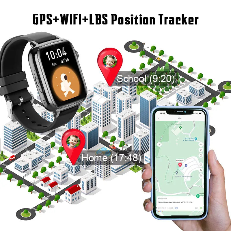 I YAN Wonlex KT34 kids' smartwatch with GPS, 4G WiFi, video call, and WhatsApp, showing the screen and colorful design.