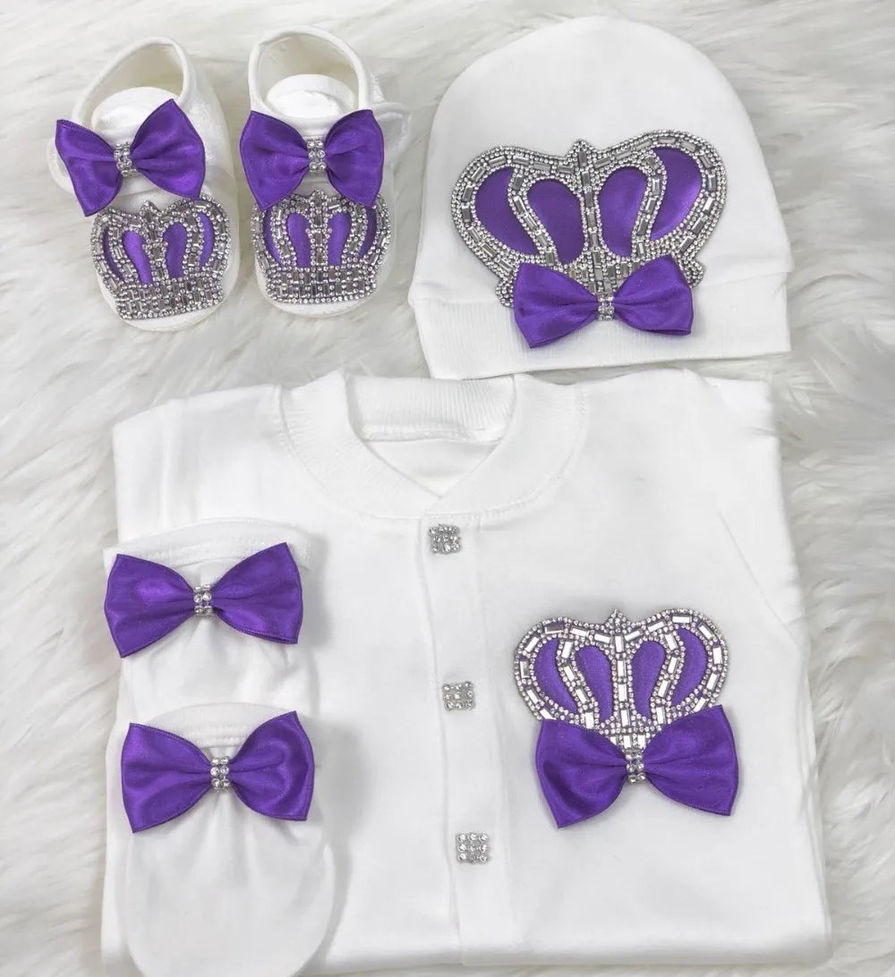 Luxury Newborn Baby Romper Set 4-Piece – Crystal Crown Layette for Photography & Coming Home - I YAN