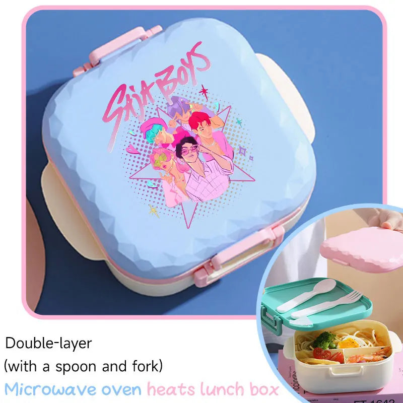 I YAN 800ml BPA-free KPop-themed lunch box with spoon and fork, microwave-safe, portable for students and office workers