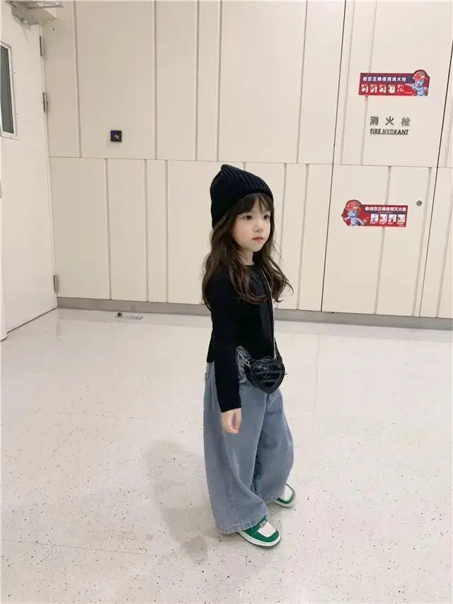 Autunm Clothes 1PCS Children's Denim Pants Girls' Baby Clothes Korean Bottoming Shirts Casual Jeans Girls Wide-leg Pants Tops